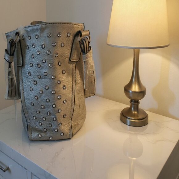 BRAND NEW W/Tags- Stylish Metallic Gold Rhinestone Studded Large Tote Bag - Picture 2 of 8